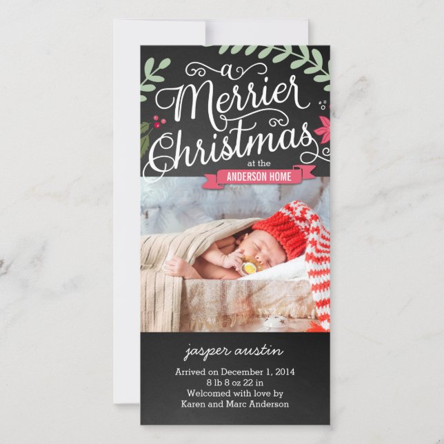 Merrier Christmas New Baby Holiday Photo Card (Front)
