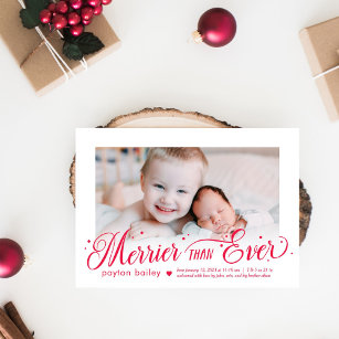 Merrier Than Ever EDITABLE COLOR New Baby Holiday Card