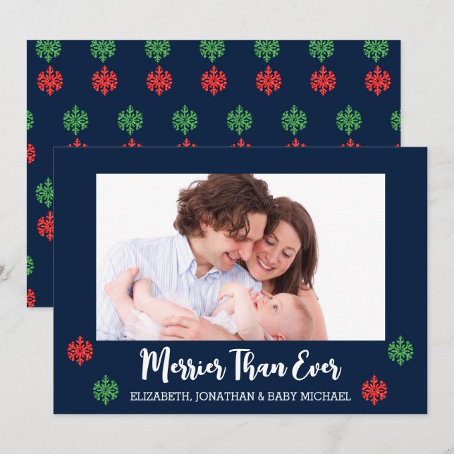 Merrier Than Ever New Baby Photo Snowflake Holiday Card (Front/Back)