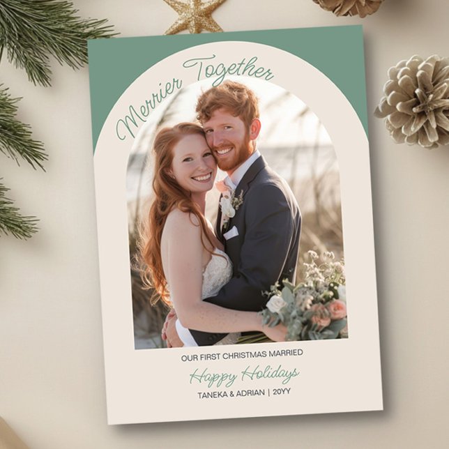 Merrier Together Arched Photo Simple Modern Holiday Card (Merrier Together Christmas Photo Card by Darling & May)