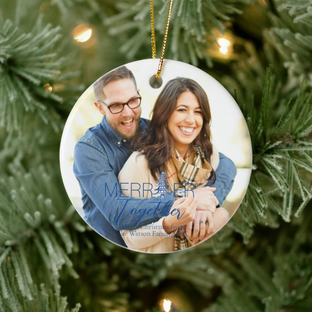 Merrier Together Script Pagoda  blue Christmas  Ceramic Ornament (Tree)