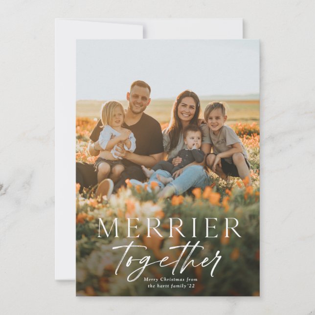 Merrier Together Script Photo Merry Christmas Card (Front)