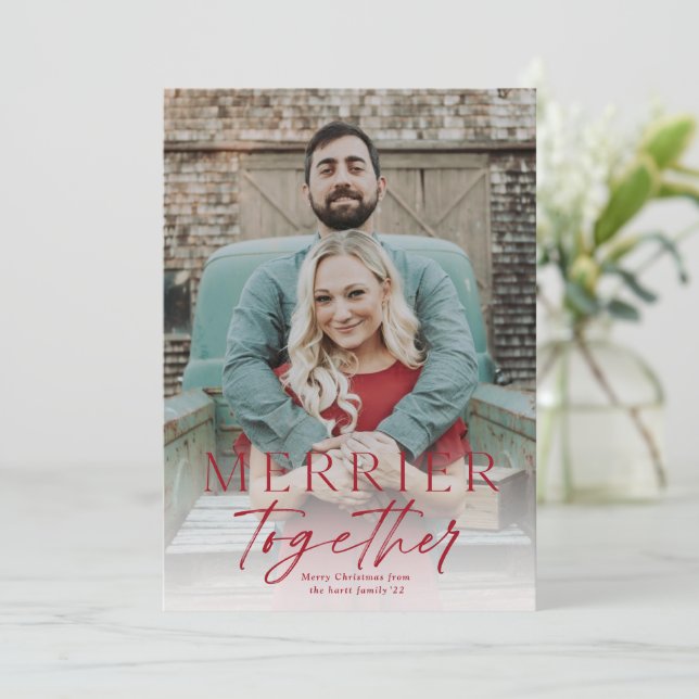 Merrier Together Script Photo Merry Christmas Card (Standing Front)