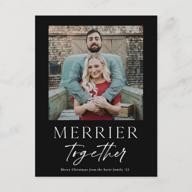 Merrier Together Script Photo Merry Christmas Holiday Postcard (Front)