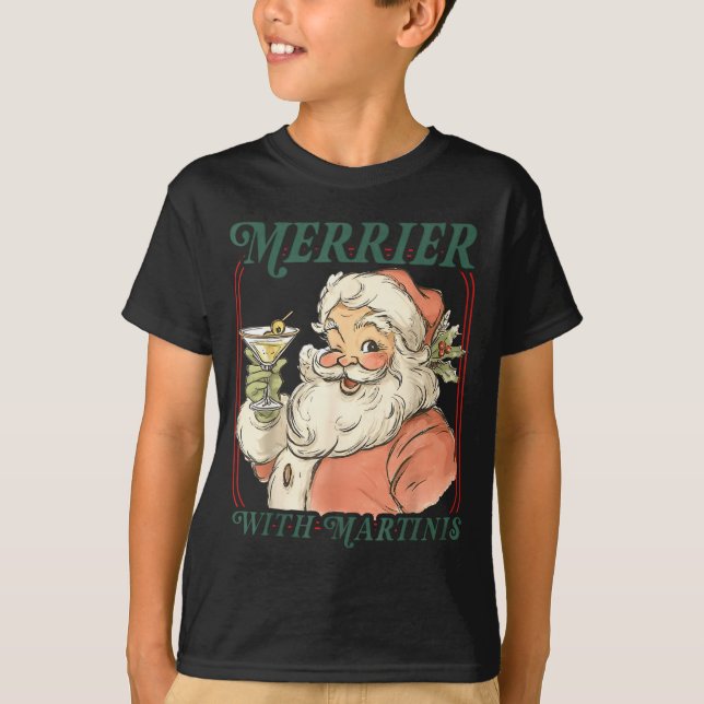 Merrier With A Martini Santa Christmas Tail  T-Shirt (Front)