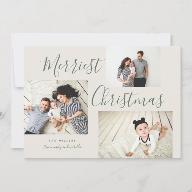 Merriest Christmas 3 Photo Collage Holiday Card (Front)