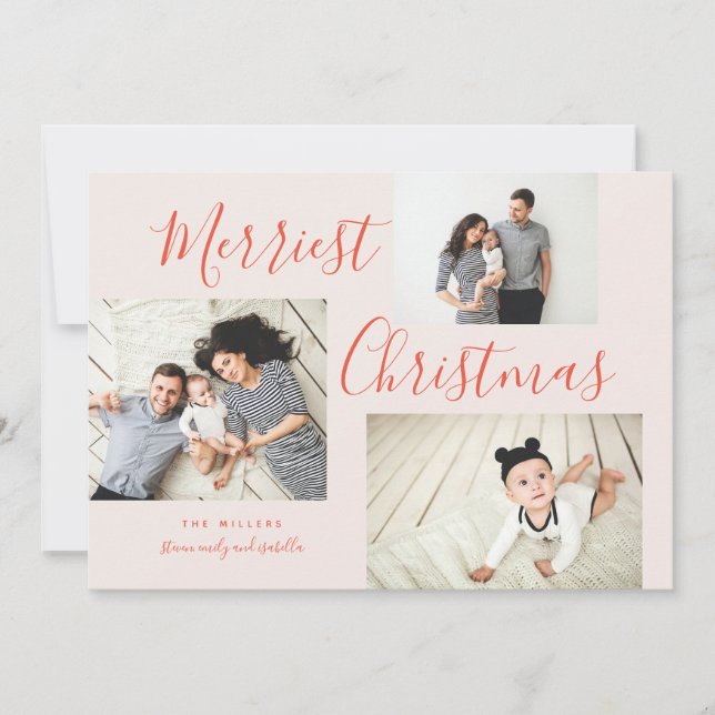 Merriest Christmas 3 Photo Collage Holiday Card (Front)