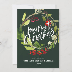 Merriest Christmas botanical wreath winter berry Holiday Card