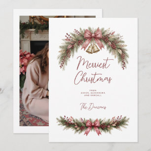 Merriest Christmas Bow Bell Wreath Photo TMF26 Holiday Card