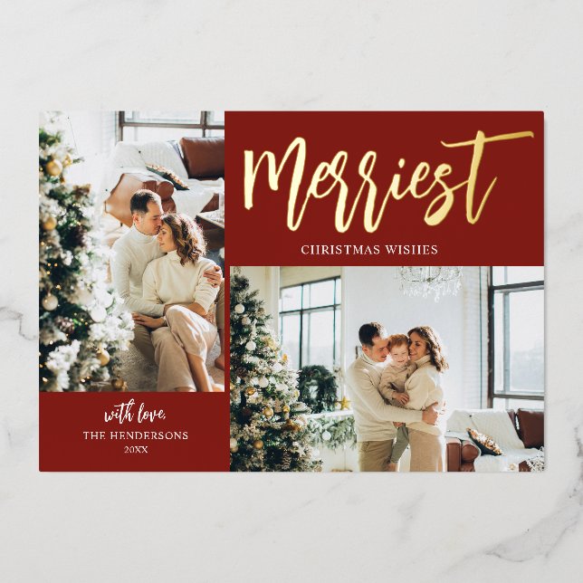Merriest Christmas Brush Script Photo Red Foil Holiday Card (Front)