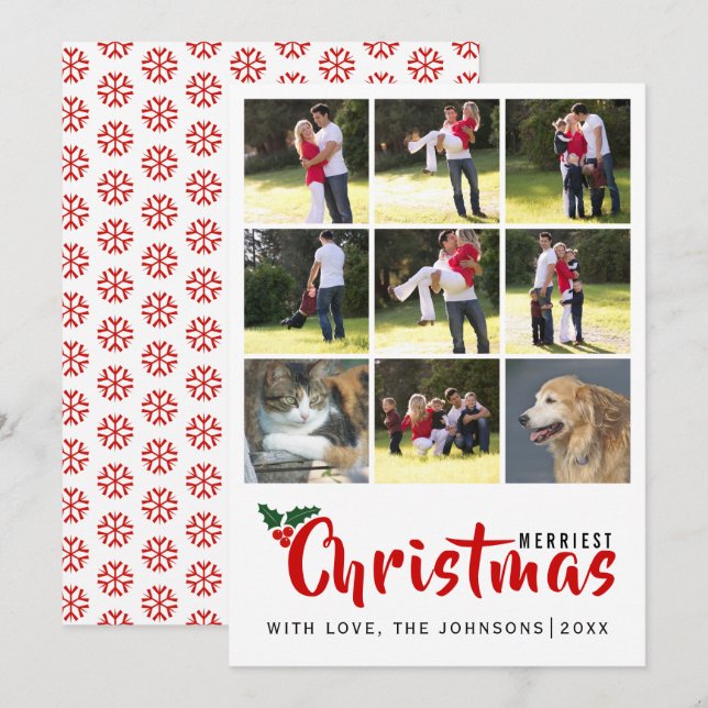 Merriest Christmas collage with 9 photos card (Front/Back)