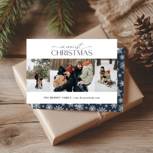 Merriest Christmas Elegant Strip 3 Photos BLUE Holiday Card