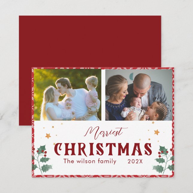 Merriest Christmas Elegant Typography 2 Pictures Holiday Card (Front/Back)