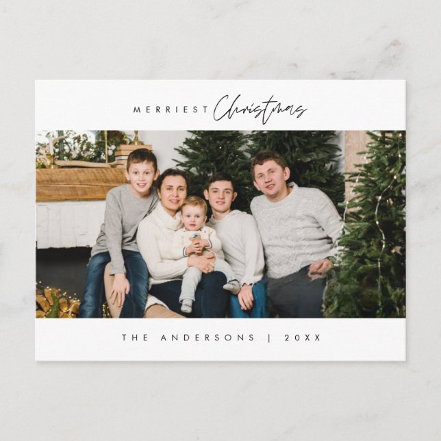 Merriest Christmas Family Photo, Modern Cozy Postcard (Front)
