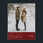 Merriest Christmas Family Photo, Romantic Greeting Postcard<br><div class="desc">Merriest Christmas. Celebrate the season with this family photo cozy cute happy happiness romantic burgundy red postcard. It is fully customisable and personalised with your own greeting messages. Please add your return address for easy mailing. It is simple, easy, yet modern cozy and festive. This is the perfect postcard for...</div>