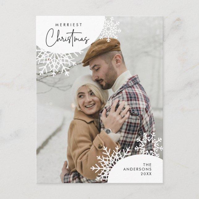 Merriest Christmas Family Photo, Snow Flakes Postcard (Front)
