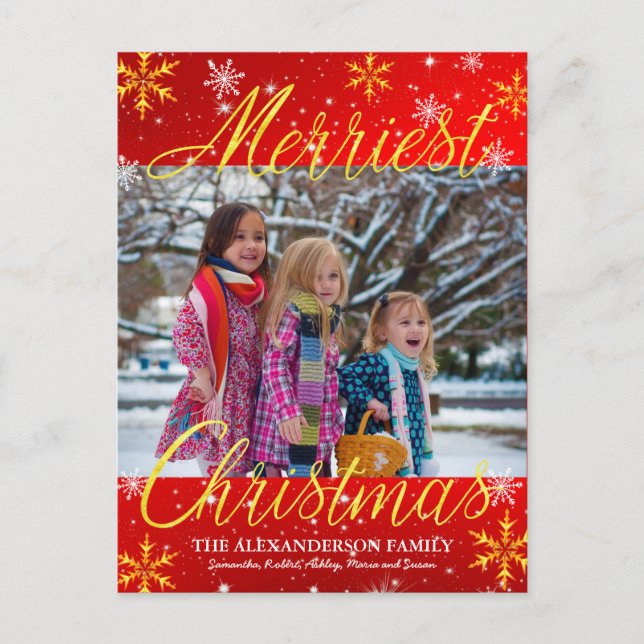 Merriest Christmas Family Photo Snowflakes Stars Holiday Postcard (Front)