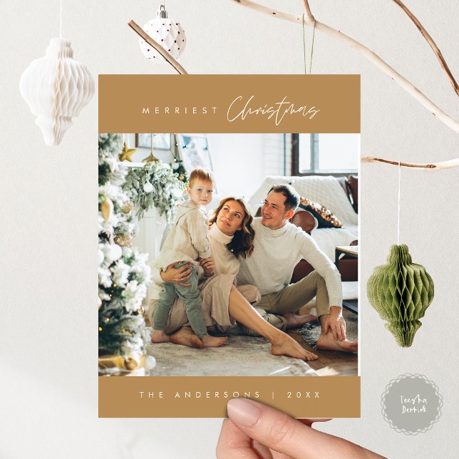Merriest Christmas Family Photo, Vintage Gold Postcard (Merriest Christmas Family Photo, Modern vintage gold themed Postcard, Season Greeting)