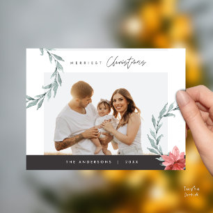 Merriest Christmas Family Photo, Watercolor Wreath Postcard