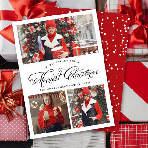Merriest Christmas Fancy Script Elegant 3 Photo Holiday Card