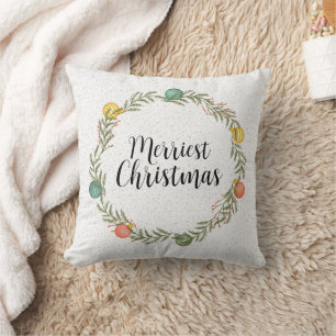 Merriest Christmas Festive Wreath Holiday Throw Pillow