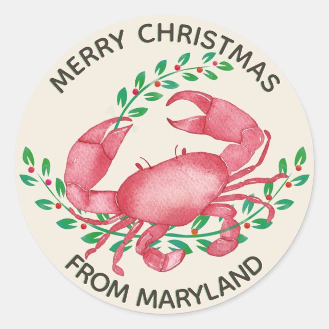 Merriest Christmas from Maryland Crab Classic Round Sticker (Front)