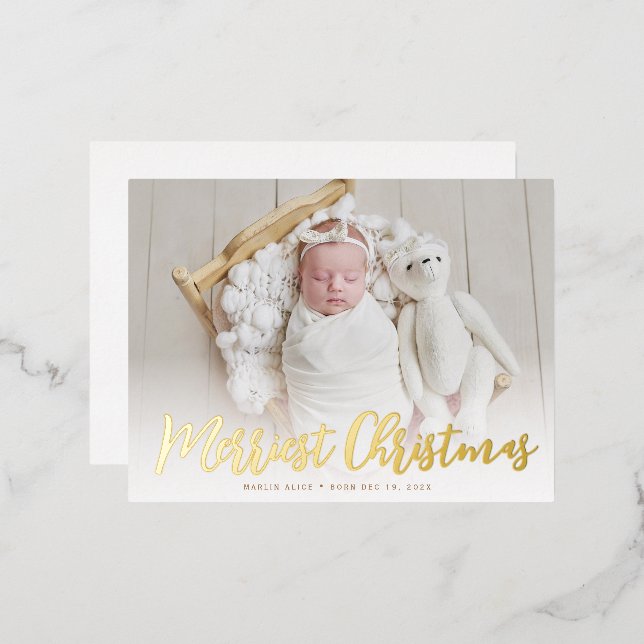 merriest christmas gold foil birth announcement (Front/Back)