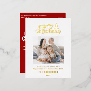 Merriest Christmas graphic typography photo Foil Holiday Postcard
