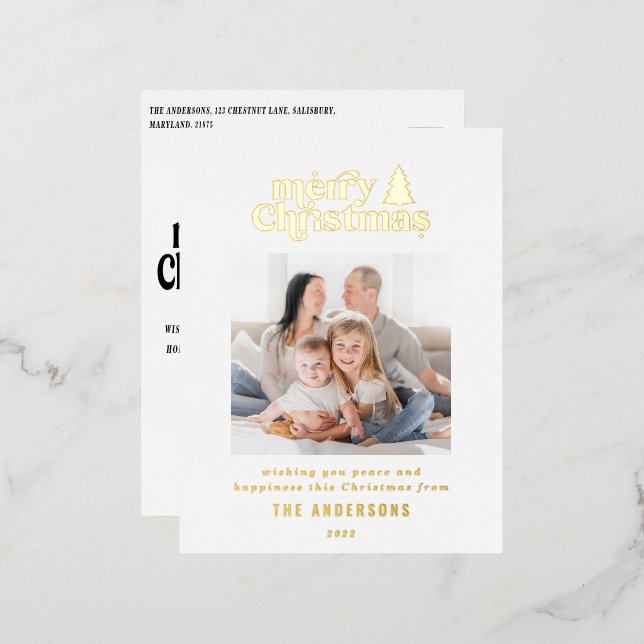 Merriest Christmas graphic typography photo   Foil Holiday Postcard (Front/Back)
