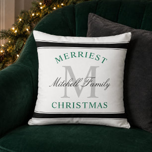 Merriest Christmas Green Holiday Family Monogram Throw Pillow