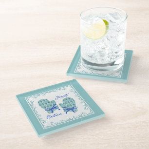 Merriest Christmas Mittens Blue Bow Holiday Glass Coaster