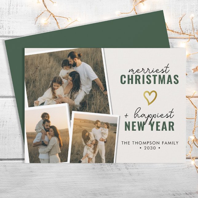 Merriest Christmas | Modern Boho 3 Photo Collage Holiday Card (Creator Uploaded)
