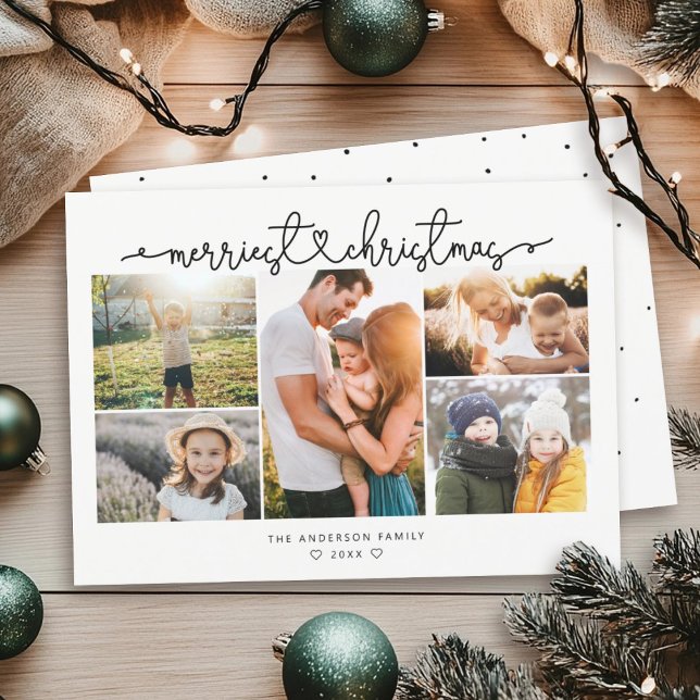MERRIEST CHRISTMAS Modern Script Photo Collage  Holiday Card (Creator Uploaded)