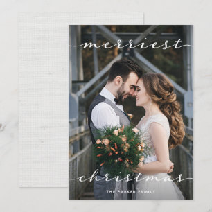 Merriest Christmas   One Photo Script Linen Look Holiday Card