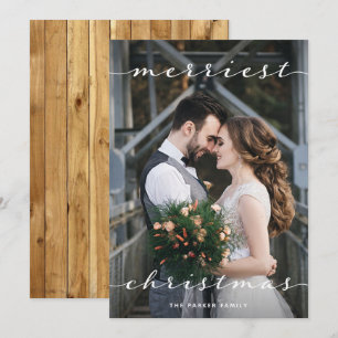 Merriest Christmas   One Photo Script Rustic Wood Holiday Card