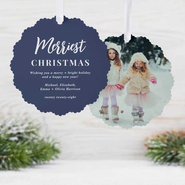 Merriest Christmas Photo Blue Holiday Ornament Card (Share the love and warmth of the holiday season with a photo paper ornament card)