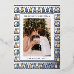 Merriest Christmas Photo Modern Blue Gold Trees Foil Holiday Card<br><div class="desc">Merriest Christmas Photo Modern Blue Gold Trees FoilHoliday Cards Seasonal Cards Christmas Cards features your favourite photo on a modern blue and gold Christmas tree pattern background with the text "Merriest Christmas" in modern blue script typography. Perfect for family and friends for Christmas and the holidays. Created by Evco Studio...</div>