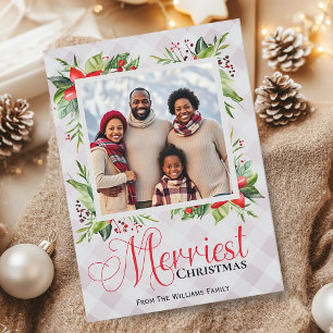 Merriest Christmas Plaid Script Family Photo Holiday Card