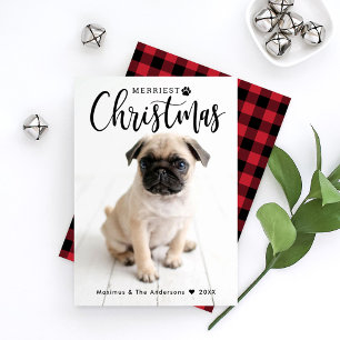 Merriest Christmas Red Buffalo Plaid Pet Photo Holiday Card