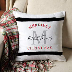 Merriest Christmas Red Family Monogram Holiday Throw Pillow