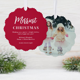 Merriest Christmas Red Photo Holiday Ornament Card