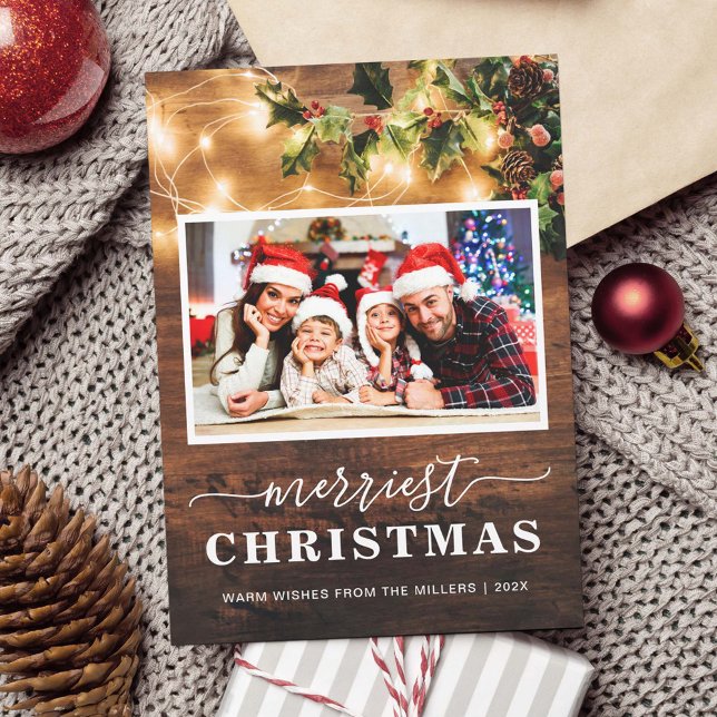 Merriest Christmas Rustic String Lights 4 Photo Holiday Card (Creator Uploaded)