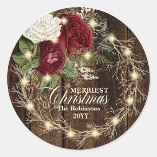 Merriest Christmas - Rustic Woodsy Lighted Wreath Classic Round Sticker
