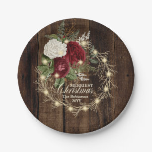 Merriest Christmas - Rustic Woodsy Lighted Wreath Paper Plate