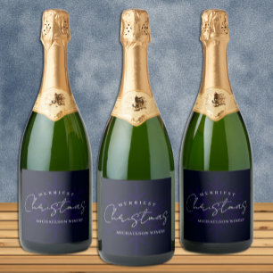 Merriest Christmas Snowflake Navy Blue Sparkling Wine Label