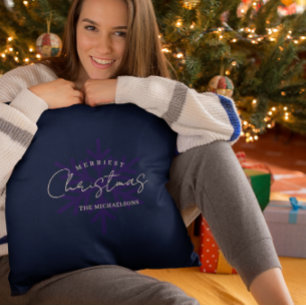 Merriest Christmas Snowflake Navy Blue Throw Pillow