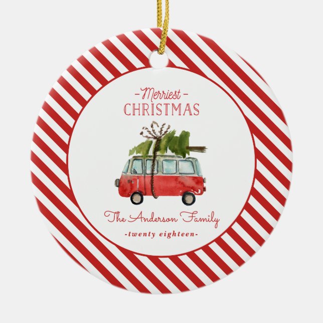 merriest christmas watercolor car ceramic ornament (Front)