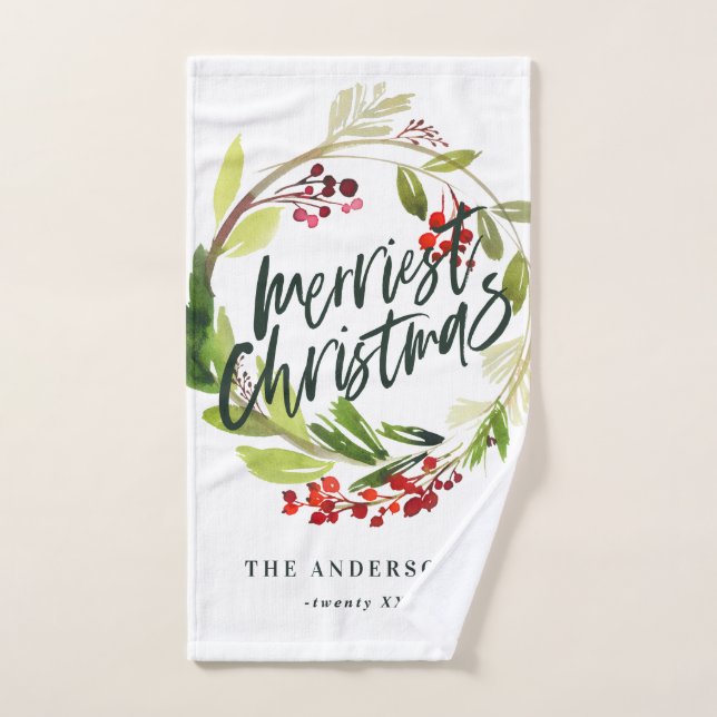 Merriest Christmas Watercolor Floral Hand Towel (Hand Towel)