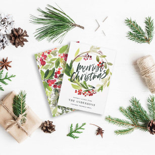 Merriest Christmas watercolor floral Holiday Card