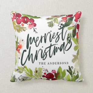 Merriest Christmas watercolor floral Holiday Throw Pillow